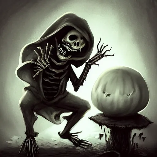 Prompt: “Spooky scary skeleton come to life, similar to Barry from Halloweentown, smirk, ragged clothes, egyptian motifs, nuclear bomb going off in background creating mushroom cloud, D&D, fantasy, intricate, cinematic lighting, highly detailed, digital painting, artstation, concept art, smooth, sharp focus, illustration, art by Artgerm and Greg Rutkowski and Alphonse Mucha”