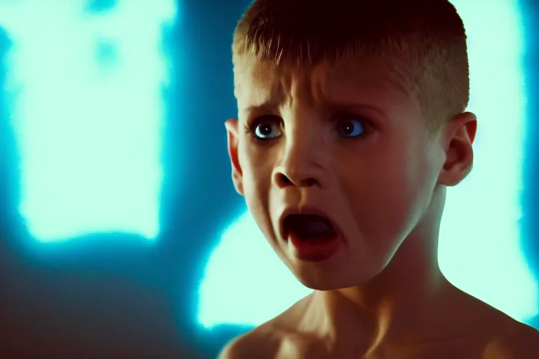 Image similar to a large blue and white hologram of a screaming child's face, photography by fred palacio medium full shot still from bladerunner 2 0 4 9, sci fi, bladerunner, canon eos r 3, f / 3, iso 2 0 0, 1 / 1 6 0 s, 8 k, raw, unedited