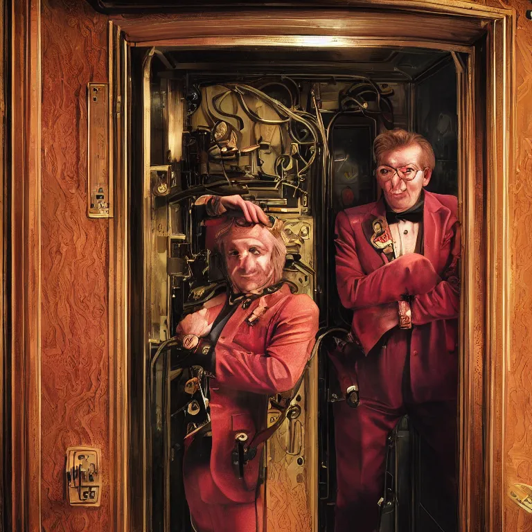 Image similar to professional octane render portrait by wayne barlow and carlo crivelli and glenn fabry, a sinister man in a bright colorful saturated wes anderson elevator operator costume inside a dark and moody vintage elevator in a high - end exotic vintage boutique hotel, very short depth of field