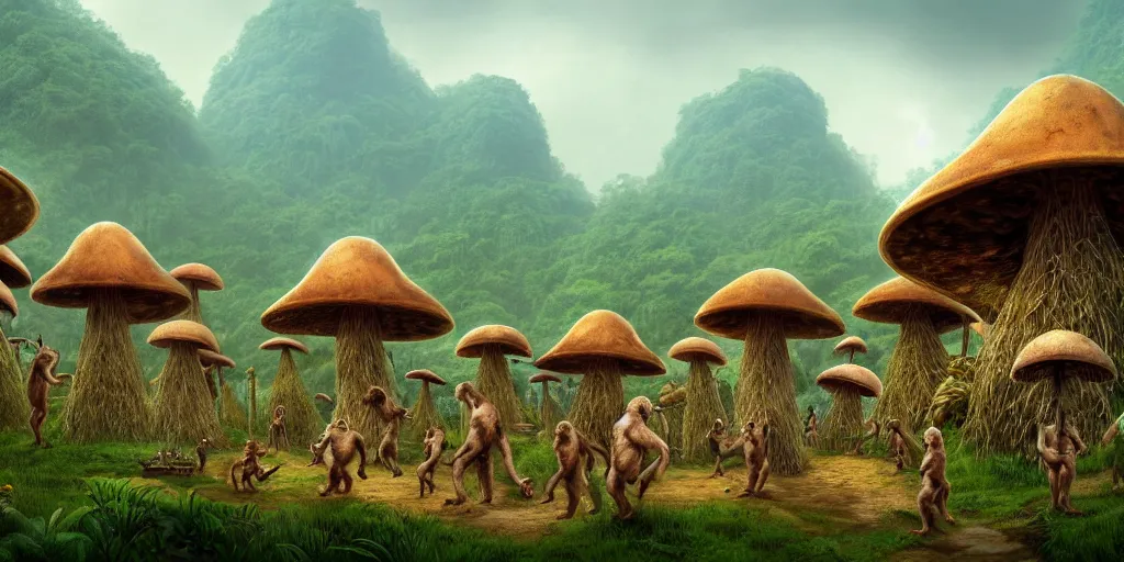 Image similar to a jungle village of albino gorillas and their mushroom huts, matte oil painting, retrofuturistic, science fantasy, salt, rust, mutant, lgbt, queer, rpg, epic, dungeons & dragons, sacred, sharp focus, award - winning, extremely detailed, 4 k, 8 k