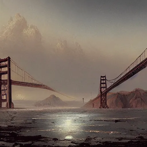 Prompt: post-apocalyptic desert city Los Angeles golden gate bridge, concept art, high fantasy, elegant, art station, pixiv, trending, editor’s pickup, by greg rutkowski, by Gustave Dore