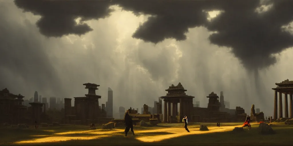 Image similar to 2 1 savage, shadow of the colossus, in front of a temple, at chicago, storm clouds, dramatic lighting, hudson river school