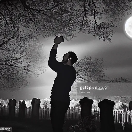Image similar to A man takes a selfie in a dark and spooky graveyard, the only light coming from the full moon, as he smiles for the camera, in a Halloween style.