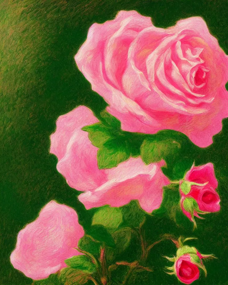 Prompt: achingly beautiful extreme close up painting of blooming pink rose on green background by rene magritte, monet, and turner. piranesi. macro lens.