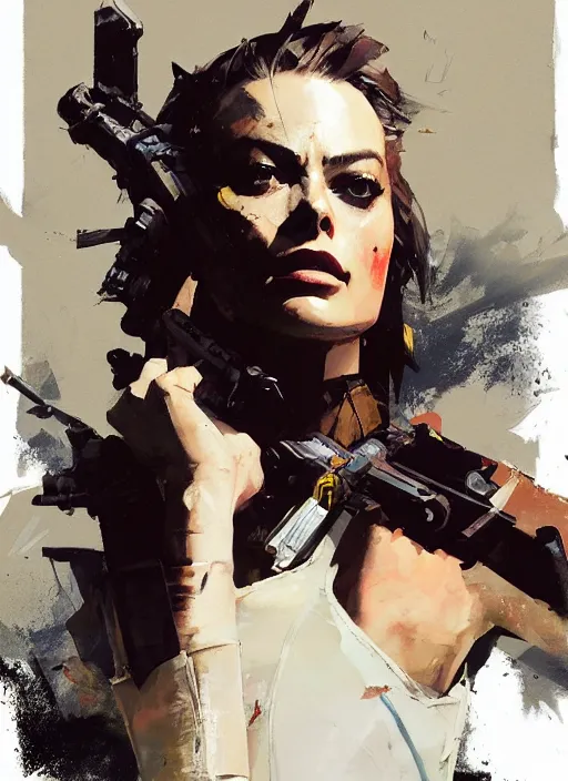 Image similar to Margot Robbie wearing metal gear armor holding gun dramatic lighting art by Yoji Shinkawa by Richard Schmid by greg rutkowski by Sandra Chevrier by Jeremy Lipking cinematic dramatic