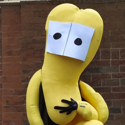 Prompt: a full body banana with legs and arms wearing an emma stone mask