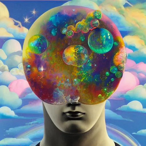 Image similar to surreal gouache painting, clouds, vaporwave marble statue, ruan jia, conrad roset, bubbles, orbs, incredibly detailed, floating molecules and a mannequin artist holding an icosahedron with stars, clouds, and rainbows in the background, retrowave, modular patterned mechanical costume headpiece, masterpiece, intricate, elegant