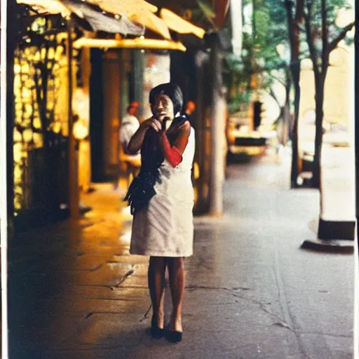 Image similar to A Filipino woman smoking outside a fancy restaurant, street photography, by Saul Leiter, Jamel Shabazz, Nan Goldin