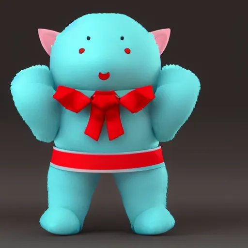 Prompt: a cute cyan crystal character design wearing a red cloth strip on top, 4K HD, 3D render