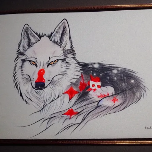 Image similar to okami white wolf with red tattoos resting under a sky full of stars, by a deep!! river, calm, acrylic on canvas, okami, cel shaded