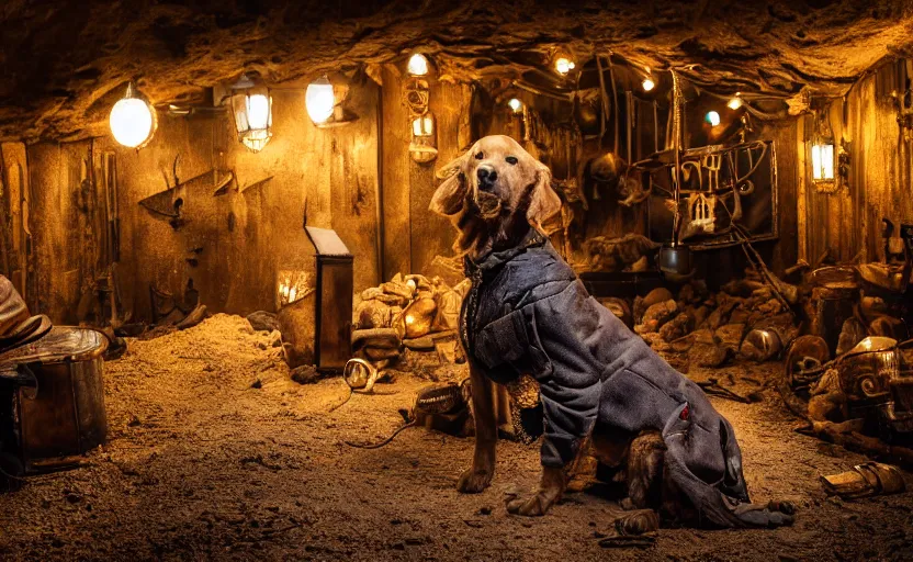 Image similar to a dirty golden retriever in a dark mine wearing a wild west hat and jacket with large piles of gold and gold nuggets nearby, dim moody lighting, wooden supports, lanterns, stylized photo