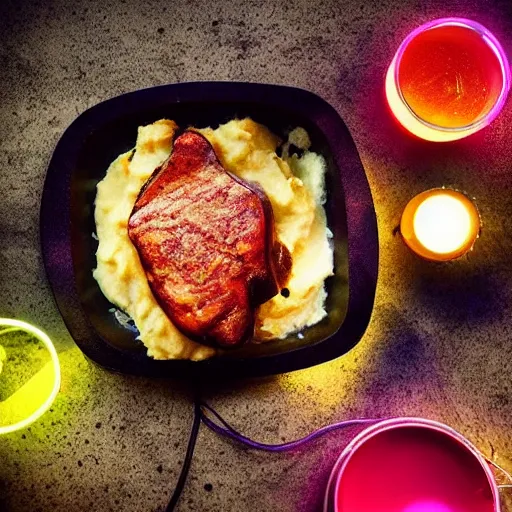 Image similar to neon gaming LED porkchops and mashed potatos, HD, trending on artstation, instagram post, -H 640