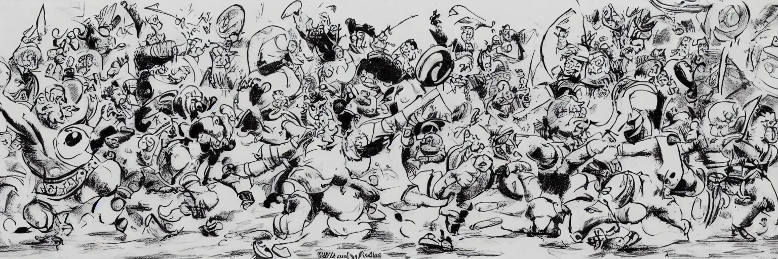 Prompt: a drawing of a fight with Asterix, Obelix, Tintin, Snowy, captain haddock. highly detailed