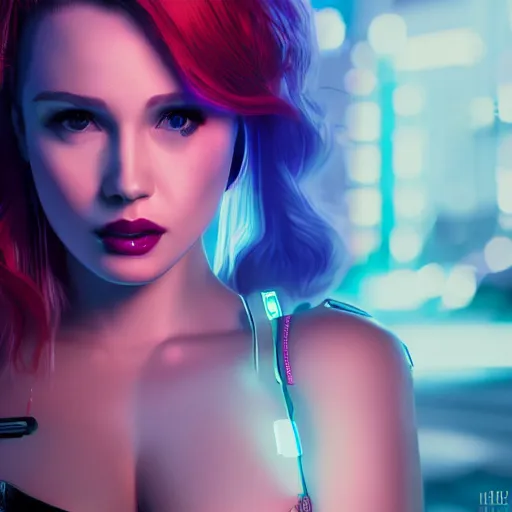 Image similar to madelaine petsch portrait, cyberpunk 2 0 7 7, cyberpunk judy alvarez, photorealistic, ultra detailed, neon, octane, bokeh, cinematic lighting, cyber, cyberpunk city, studio quality, feature, scars, cyberface, 8 k