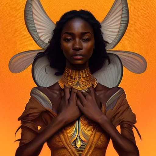 Image similar to portrait of very very very very very very beautiful african woman with angels wings, spacesuit, orange eyes, intricate, elegant, highly detailed, digital painting, artstation, concept art, smooth, sharp focus, illustration, art by artgerm and greg rutkowski and alphonse mucha