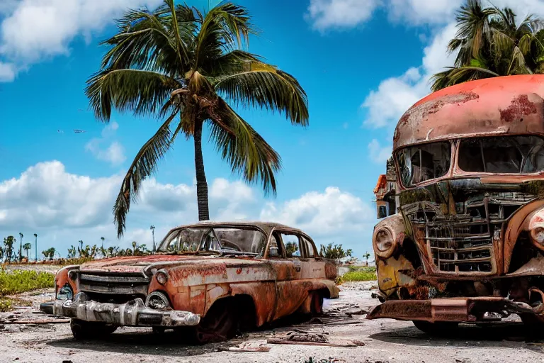 Image similar to wide angle shot of dilapidated fallout 5 miami, tropical coastal city, desolate, dilapidated, just a rusted retro futuristic vintage parked vehicles like cars, buses, trucks, trams, sunny weather, few clouds, volumetric lighting, photorealistic, daytime, spring, sharp focus, ultra detailed, technicolour 1