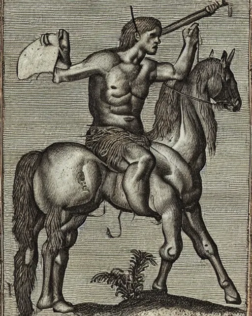 Image similar to centaur, high detail, extremely detailed, very sharp, in the style of theodor de bry, jost amman,