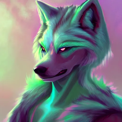 Image similar to Beautiful digital painting, oil painting, anthro anthropomorphic pastel-green androgynous wolf, at a lake Punk outfit. furaffinity, artstation