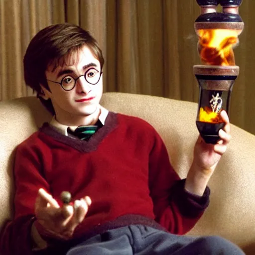 Image similar to harry potter smoking a bong while sitting on a couch with a lava lamp next to him