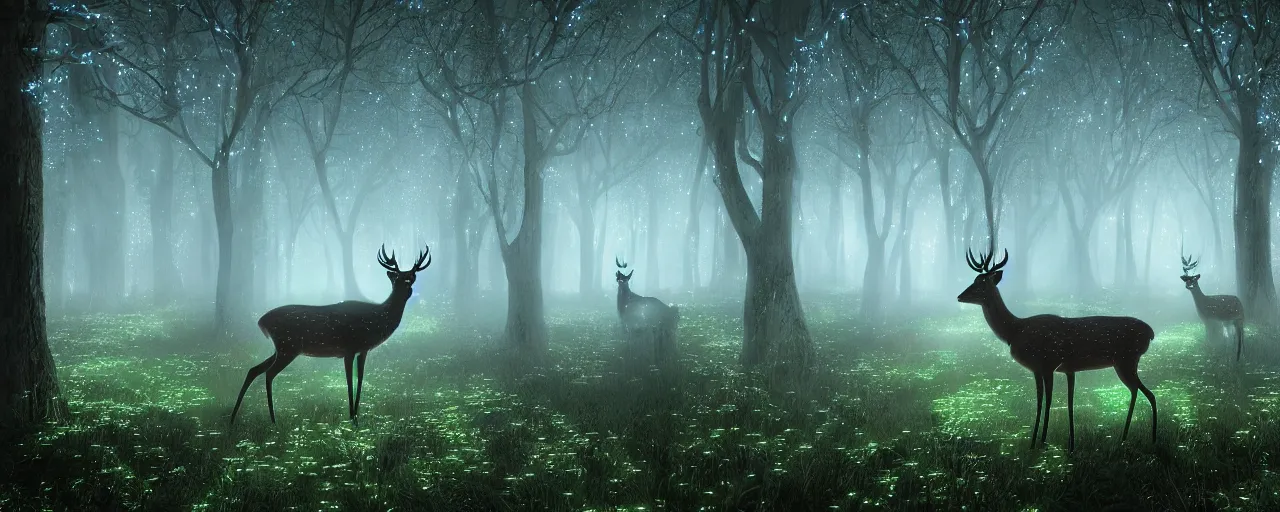 Image similar to deer in an ethereal electronic forest made from glowing circuits and electronics, highly detailed concept art, 3 d, dark, moody, led