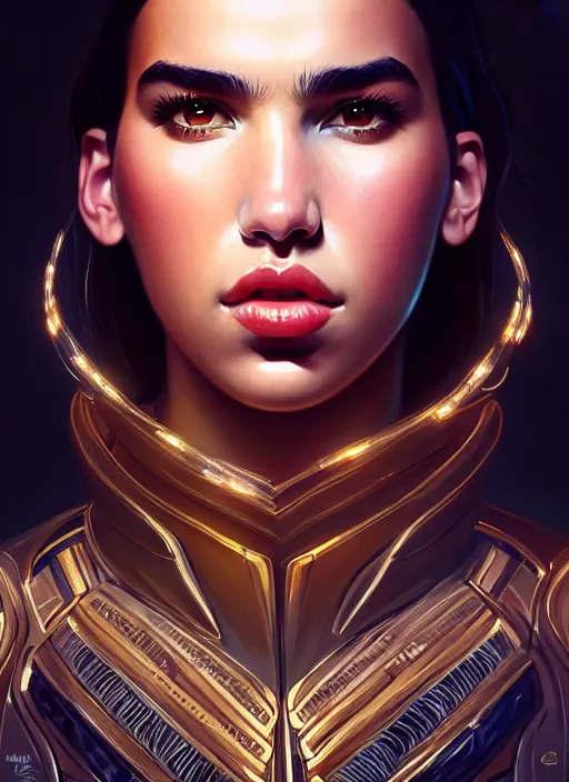 Image similar to portrait of apex legends dua lipa, intricate, elegant, glowing lights, highly detailed, digital painting, artstation, glamor pose, concept art, smooth, sharp focus, illustration, art by artgerm and greg rutkowski, artey freytag