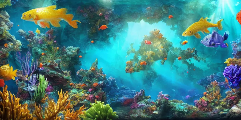 Image similar to beautiful underwater scene. an ancient ship sunk in the abyss very shiny water. colorful fish. seahorse. goldfish. coral, water flowers. beautiful lighting, 4 k post - processing, highly detailed, 5 k extremely detailed, 3 d. sun is highlighting the bubbles. render in octane and cryengine. painterly detailed matte painting, by albert bierstadt