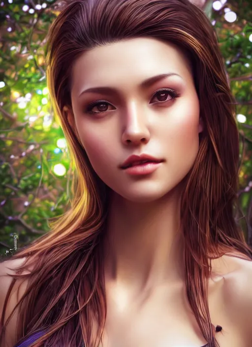 Image similar to photo of a gorgeous female in the style of stefan kostic, realistic, half body shot, sharp focus, 8 k high definition, insanely detailed, intricate, elegant, art by stanley lau and artgerm, extreme bokeh foliage