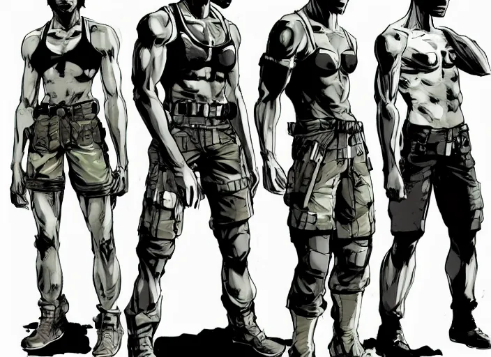 Prompt: character design sheet illustrated by yoji shinakawa, metal gear solid, bald african-american male teenager wearing a white tank-top