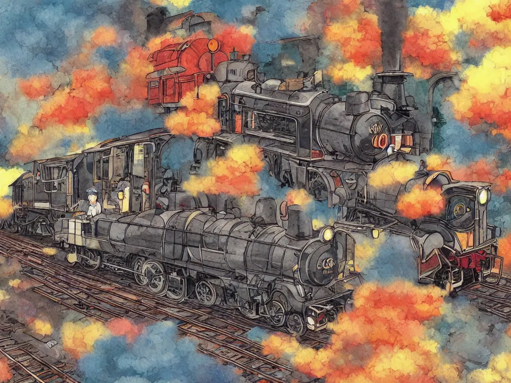 Image similar to cross - section close - up view of a steam anime train, autumn light, colorful, smoke, beautiful, by studio ghibli, digital art, concept art, manga, cute and adorable, illustration