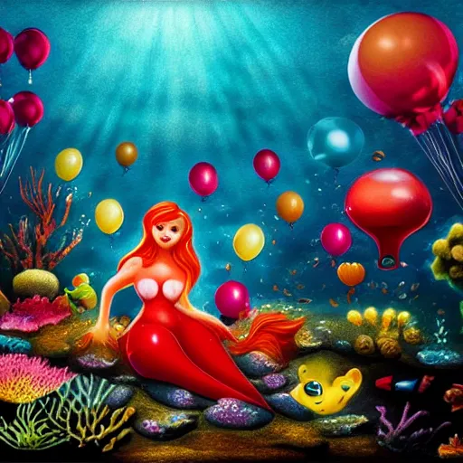 Prompt: balloonamilas, under the sea, little mermaid, realistic, hd, dramatic lighting