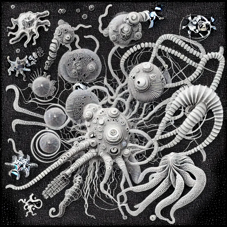Image similar to a black and white drawing of a variety of sea life and filled with gundam mech equipment space station, a microscopic photo by ernst haeckel, zbrush central, kinetic pointillism, bioluminescence, biomechanical, intricate patterns, photoillustration
