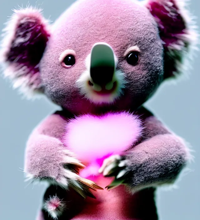 Image similar to high quality 3 d render hyperrealistic very cute small pink koala smoking weed joint, rising smoke, plush mascot, short spiky dense fluffy smooth hair, photo from the side, pink fluffy fur, 1 5 0 mm, beautiful natural soft light, rim light, vray, smooth background, artstation, ultra detailed