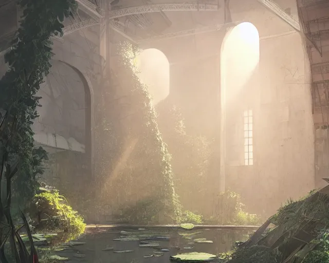 Image similar to In the midst of a densely overgrown ruin, a large space with sunlight filtering through the broken windows, a high ceiling, a vast floor, flooded with crystal clear water, gorgeous, trending on Artstation, digital art