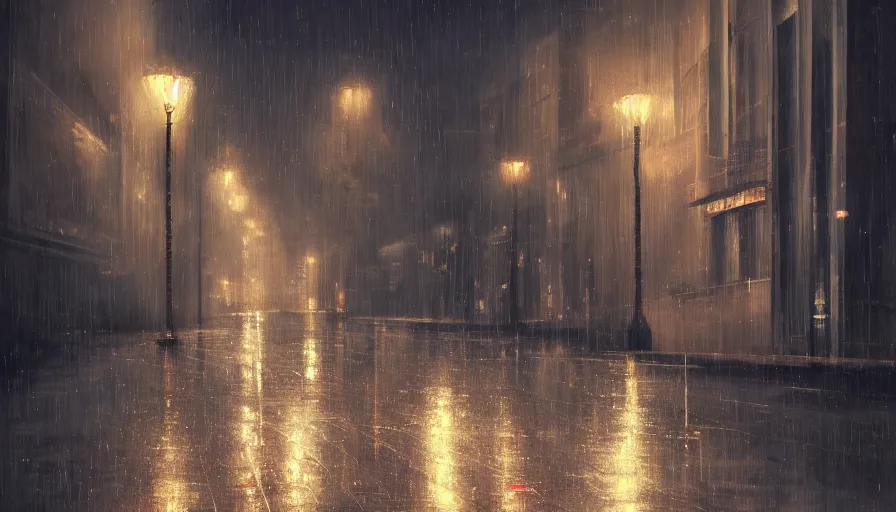 Prompt: empty street, at night, rain, by wlop