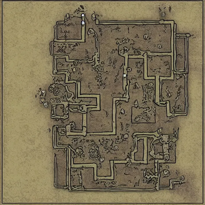 Prompt: dungeon map by dysonlogos, nine rooms, map of osr dungeon, 1 0 foot, map of tomb of horror