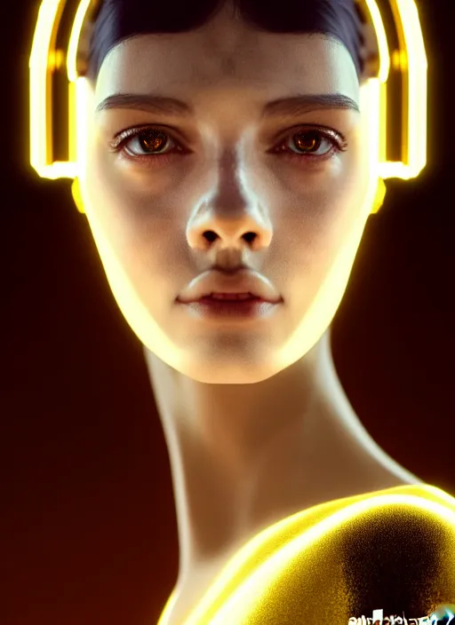 Image similar to Kodak Portra 400, 8K, soft light, volumetric lighting, highly detailed, britt marling style 3/4 ,portrait photo of a beautiful cyborg woman with gold , cyberpunk,sci-fi, fantasy, intricate, elegant, highly detailed, digital painting, artstation, concept art, smooth, sharp focus, illustration, art by artgerm and greg rutkowski and alphonse mucha