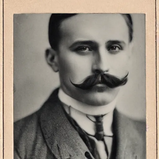 Image similar to 1 9 2 0 s portrait photograph of a delicate russian gentleman, fine mustache, elegant eyes, dignified pose, old photograph, worn, highly detailed render, hi - res scan