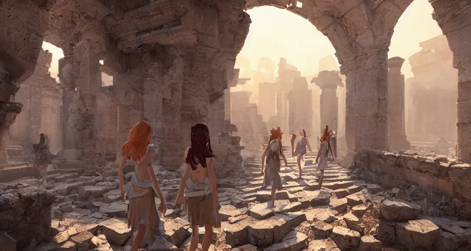 Image similar to Shool girls walking through the interior of an mytical and ancient temple in ruins, hyperdetailed, artstation, cgsociety, golden hour 8k