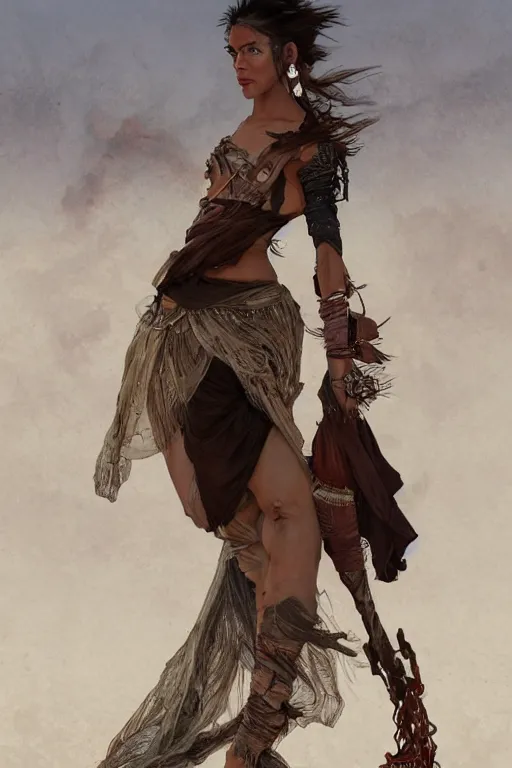 Image similar to a full body portrait of a beautiful post apocalyptic offworld desert bedouin thief savage rogue in beggars clothes in ballet pose by the emerald oasis pools, intricate, elegant, highly detailed, digital painting, artstation, concept art, smooth, sharp focus, illustration, art by krenz cushart and artem demura and alphonse mucha