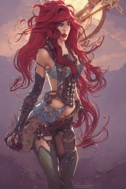 Prompt: ariel little mermaid as a steampunk half - cyborg cowgirl, pelt coats, high fantasy, dnd, smooth, sharp focus, illustration, highly detailed, digital painting, artstation, concept art, by rossdraws, alphonse mucha, frank fanzzeta, collectible card art