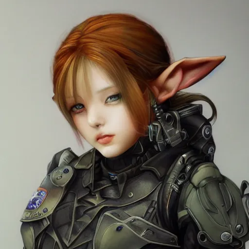 Image similar to portrait of an elf girl by ayami kojima, she is about 2 0 years old, mixture between british and japanese and she is wearing a modern tactical gear, scifi, highly detailed portrait, digital painting, artstation, concept art, smooth, sharp foccus ilustration, artstation hq