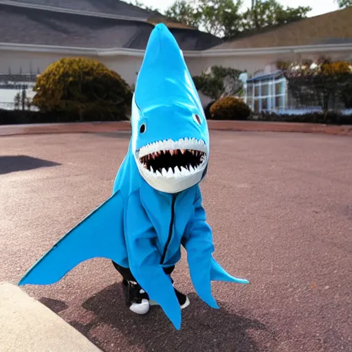 Image similar to walter while wearing a shark cosplay, shark hoodie