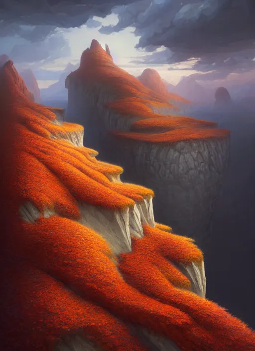 Image similar to autumn mornings in the low - poly cliffs of illusions, diffuse lighting, fantasy, intricate, surrealism!!!!, highly detailed, lifelike, photorealistic, digital painting, artstation, illustration, concept art, smooth, sharp focus, by greg rutkowski, chris tulloch mccabe, valentina remenar and asher duran,