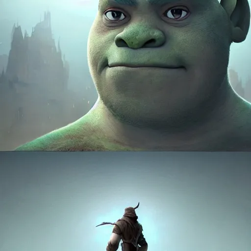 Image similar to a highly detailed epic cinematic concept art CG render digital painting artwork: Shrek. By Greg Rutkowski, Ilya Kuvshinov, WLOP, Stanley Artgerm Lau, Ruan Jia and Fenghua Zhong, trending on ArtStation, subtle muted cinematic colors, made in Maya, Blender and Photoshop, octane render, excellent composition, cinematic atmosphere, dynamic dramatic cinematic lighting, precise correct anatomy, aesthetic, very inspirational, arthouse