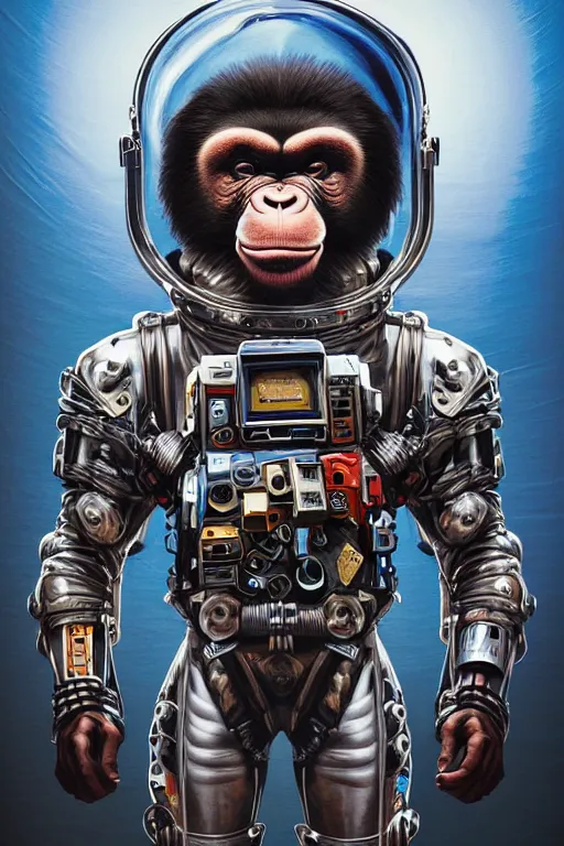 Image similar to a portrait of a muscular anthropomorphic cyberpunk chimp in spacesuit armor with ensignia on chest plate by sandra chevrier, by jon foster, detailed render, pistol in holster, extremely hyperdetailed, tape deck, epic composition, cybernetics, 4 k realistic, cryengine, realistic shaded lighting, sharp focus, masterpiece, by enki bilal