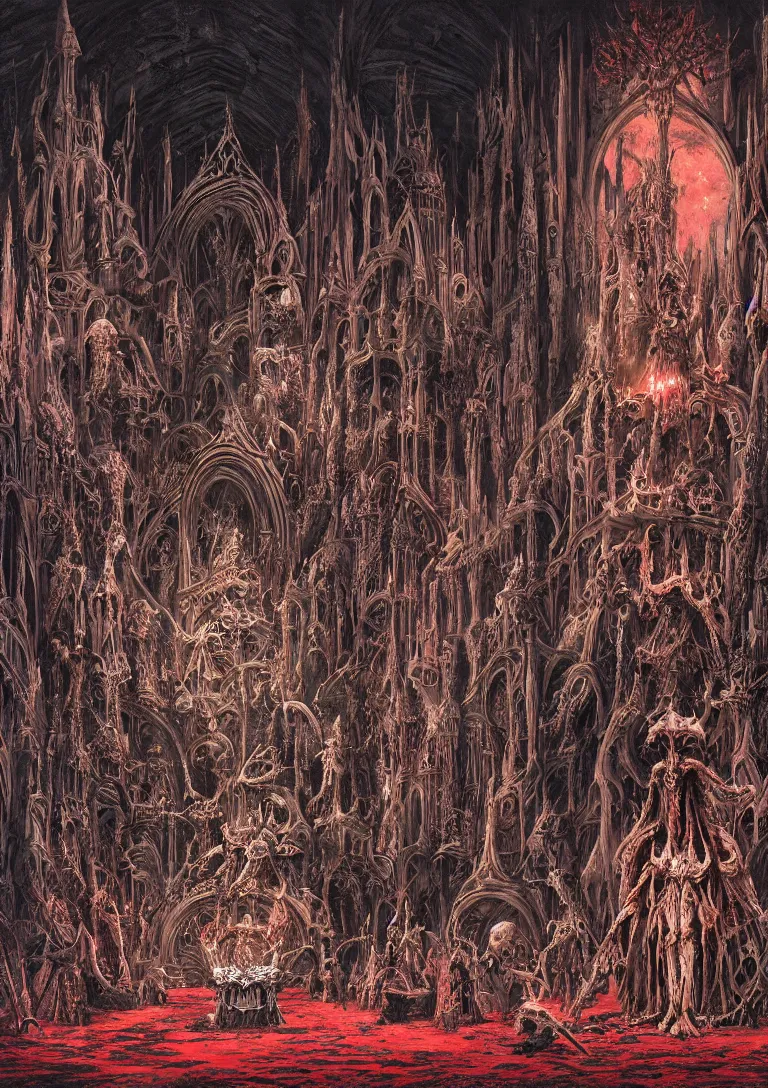 Prompt: matte painting of a gothic throne room, centered on a huge throne of bones and flesh, abominations are kneeling in front of the throne, dying humans are nailed to the walls, red tones, josan gonzales and moebius and enki bilal and and dan mumford and jean claude meziere and philippe druilleg