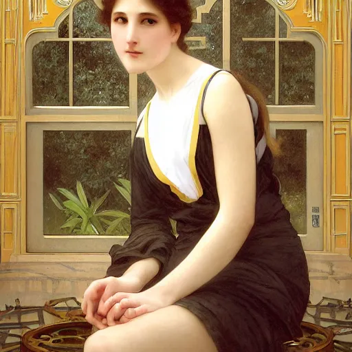 Image similar to ! dream artgerm, william - adolphe bouguereau style, long shot of big sun with one beautiful girl sitting in a corner of an art nouveau style conservatory, intricate, elegant, highly detailed, one woman, 1 9 2 0's style speakeasy, digital painting, artstation, concept art, smooth, sharp focus, illustration,