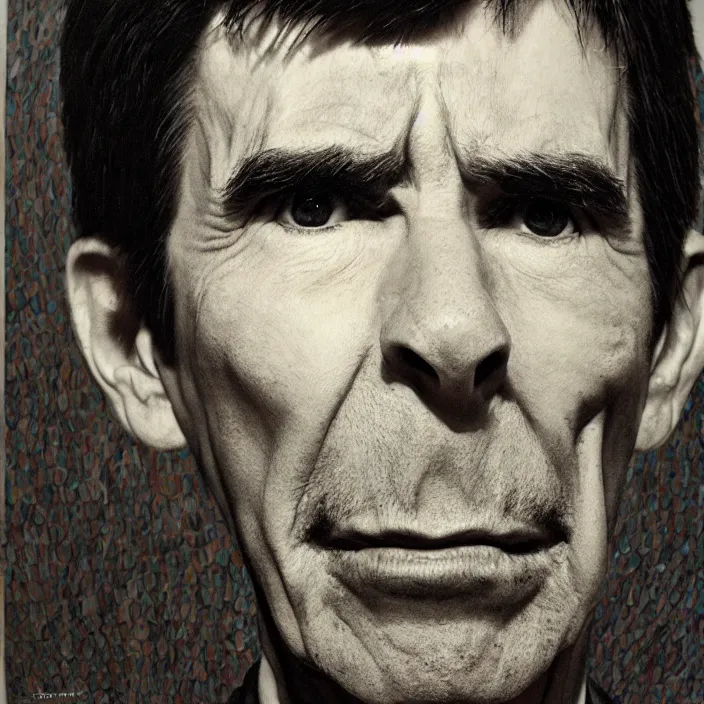 Prompt: a portrait of anthony perkins, fierce, scary, unnerving, by chuck close, by elizabeth payton