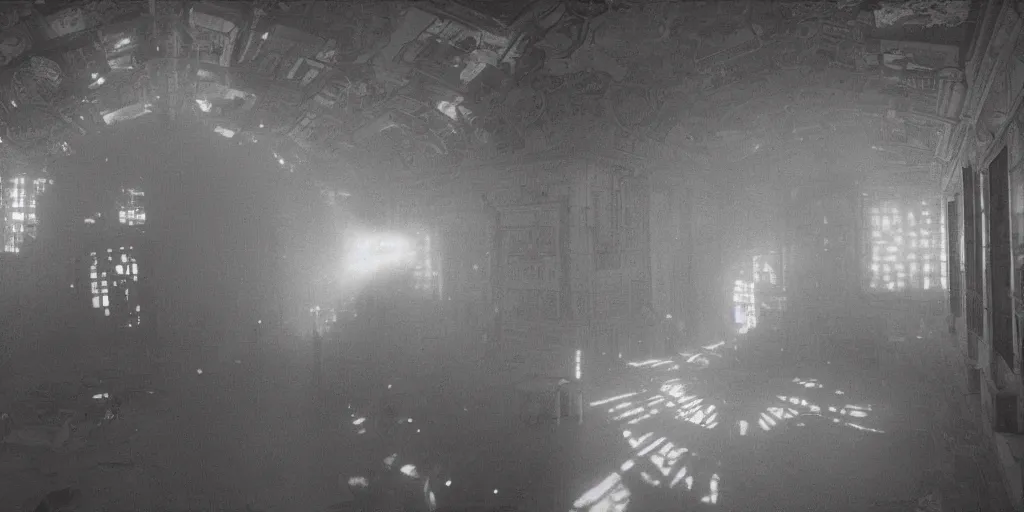 Image similar to light coming out of one bull - like kaiju starfish monster, korean film noir, korean traditional palace, pyongyang city, 1 9 6 0 s, red color bleed, 4 k, video compression, video glitch, monochrome, akira kurosawa, mamoru oshii, wes anderson, stanley kubrick