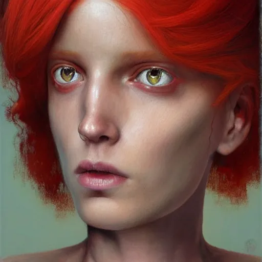 Prompt: a painting of a cyborg with red hair, a hyperrealistic painting, a character portrait by brad kunkle, by by odd nerdrum, featured on cg society, pre - raphaelitism, figurative art, pre - raphaelite, apocalypse art, dystopian art, digital painting